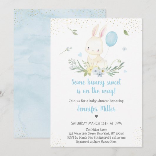 Bunny Blue Boy Greenery Baby shower Kaart (Voorkant / Achterkant)