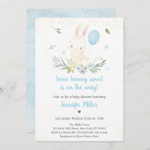 Bunny Blue Boy Greenery Baby shower Kaart
