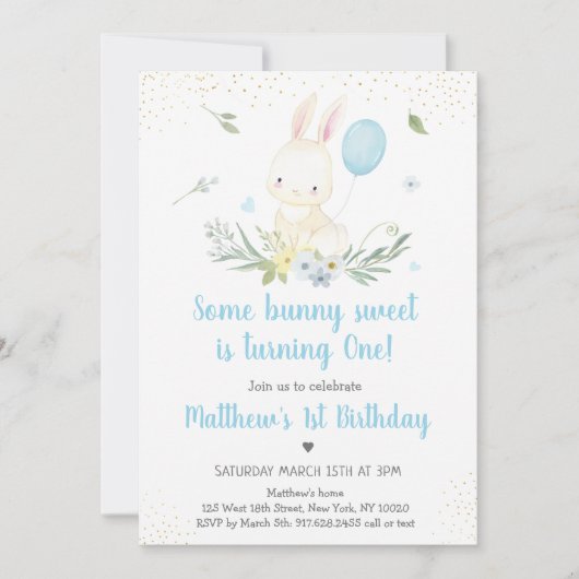 Bunny Blue Boy Greenery Verjaardag Uitnodiging (Voorkant)