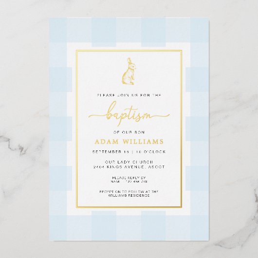 Bunny Blue En vichy Baptême Gold Foil Invitation (Recto)