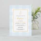 Bunny Blue En vichy Baptême Gold Foil Invitation (Debout devant)