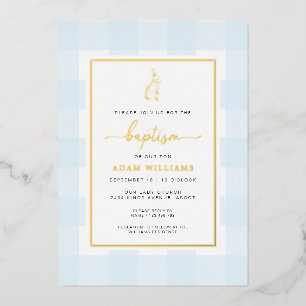 Bunny Blue Gingham Baptism Gold Foil Invitation Folie Uitnodiging