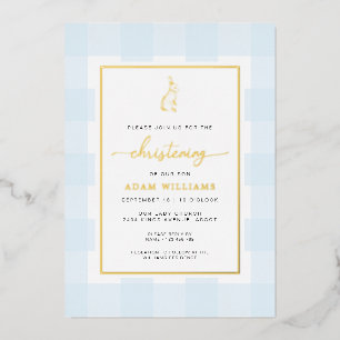 Bunny Blue Gingham Christening Folie Uitnodiging