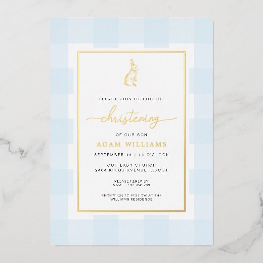 Bunny Blue Gingham Christening Folie Uitnodiging (Voorkant)