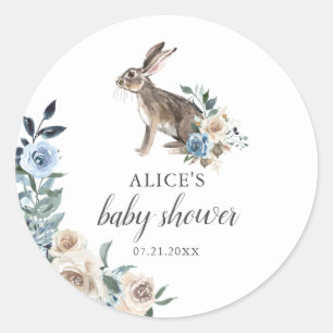 Bunny Boho Dusty Blue Beige Flowers Baby shower Ronde Sticker