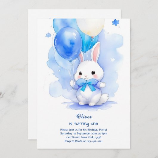 Bunny Boy Eerste Verjaardag Uitnodiging (Voorkant / Achterkant)