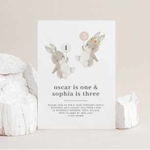 Bunny Boy Girl Joint Birthday Invitation Kaart