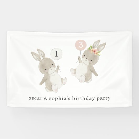 Bunny Boy Girl Joint Birthday Invitation Spandoek (Horizontaal)