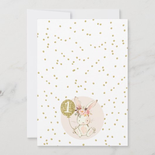 Bunny doré rose floral 1er anniversaire Carte de r (Dos)