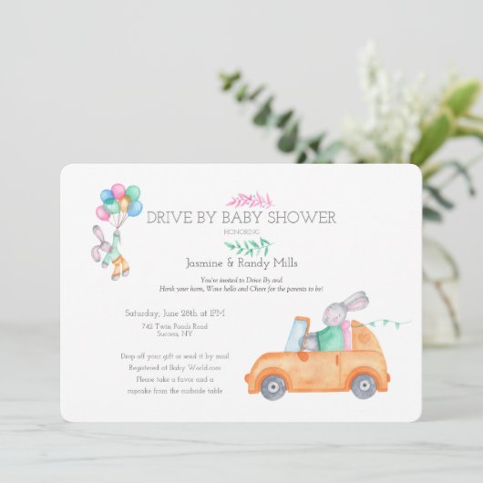 Bunny Drive Par Baby shower Invitation (Debout devant)