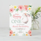 Bunny eerste verjaardag uitnodiging meisjes bloeme (Staand voorkant)