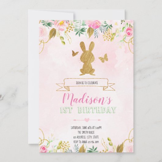 Bunny eerste verjaardagsuitnodiging kaart (Voorkant)