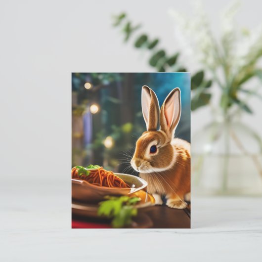 Bunny eet spaghetti briefkaart (Staand voorkant)