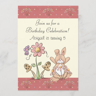 Bunny en bloemen verjaardagsuitnodiging voor meisj kaart