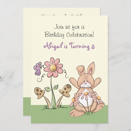 Bunny et fleurs Invitation d'anniversaire ~ Filles (Devant / Derrière)