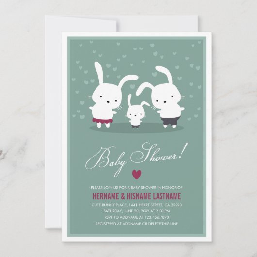 Bunny Family Couples Baby shower Invitation Turquo (Devant)