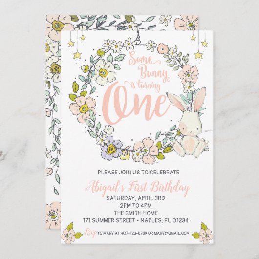 Bunny First Birthday Invitation Kaart (Voorkant / Achterkant)