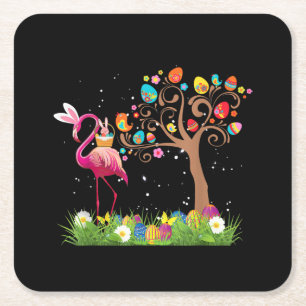 Bunny Flamingo Easter 2021 Cute Flamingo Lovers Vierkante Kartonnen Onderzetter