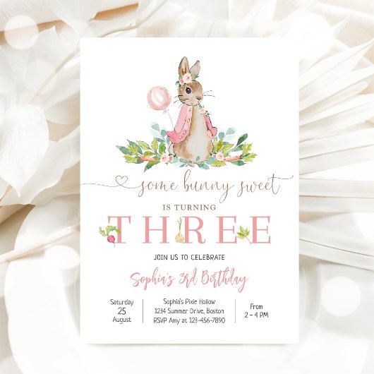 Bunny Floral 3rd Birthday Invitation