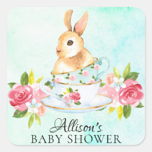 Bunny Floral Baby Tea Party Envelopzegel Vierkante Sticker