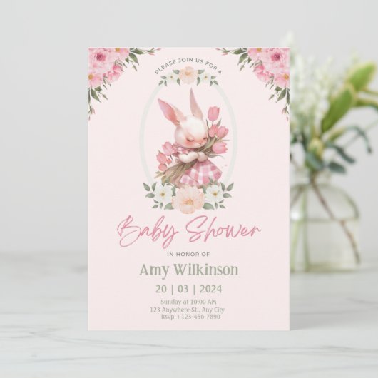 Bunny Floral Babyshower Invitation Preppy (Debout devant)