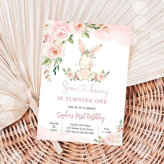 Bunny Floral First Birthday Invitation Kaart