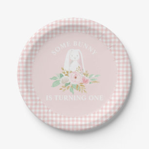 Bunny Flowers en Pink Gingham Birthday Papieren Bordje