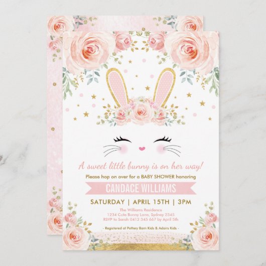 Bunny Girl Baby shower / Blush Gold Rabbit Kaart (Voorkant / Achterkant)