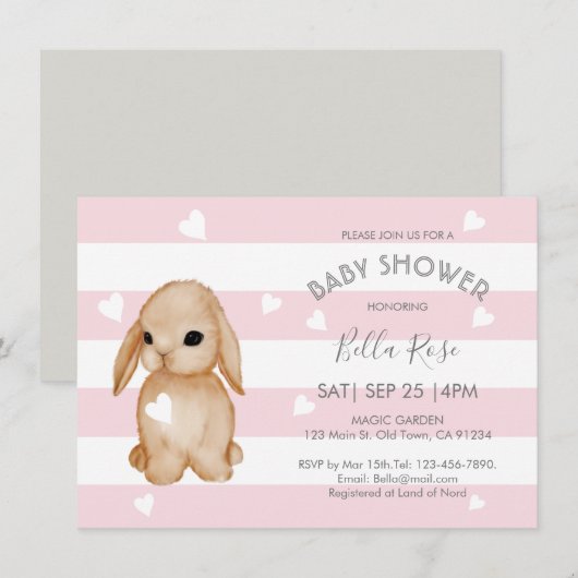 Bunny Gris Rose Bébé Douche Invitations (Devant / Derrière)