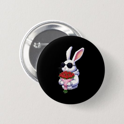 Bunny Hugging Valentine Flower Bunny Ronde Button 5,7 Cm (Voorkant /achterkant)