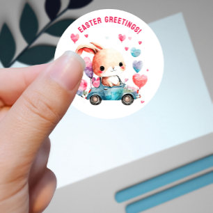 Bunny in Auto Pasen Groeten Custom Ronde Sticker