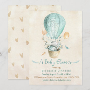 Bunny in Blauwgroen Blue Hot Air Ballon Baby showe Kaart