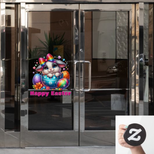 Bunny in eierschaal met kleurrijke paaseieren raamsticker (Kantoordeur)
