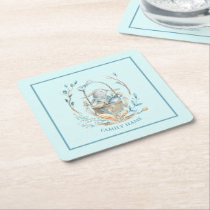 Bunny in paasmandje Happy Easter-tekst Vierkante Kartonnen Onderzetter