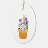 Bunny in pot met grassen, bloemen. keramisch ornament (Links)