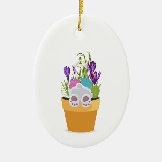Bunny in pot met grassen, bloemen. keramisch ornament (Voorkant)