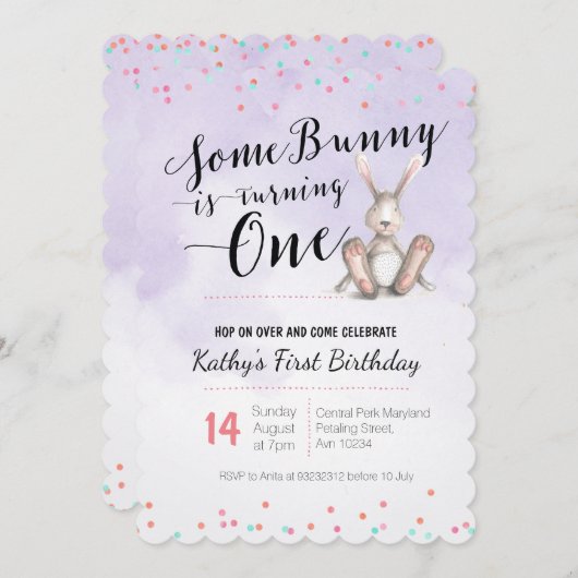 Bunny Invitation Anniversaire PURPLE (Devant / Derrière)