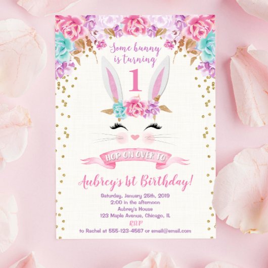 Bunny invitation anniversaire rose et or 1er premi