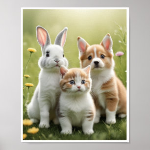 Bunny Kitten Puppy Meadow Wall Art Decor Poster