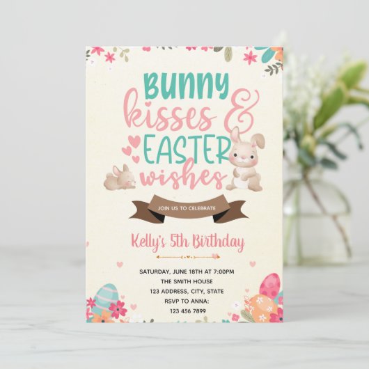 Bunny kusjes en paaswensen uitnodiging (Staand voorkant)