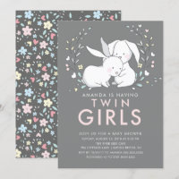 Bunny Love Twin Girls Baby shower Invitation