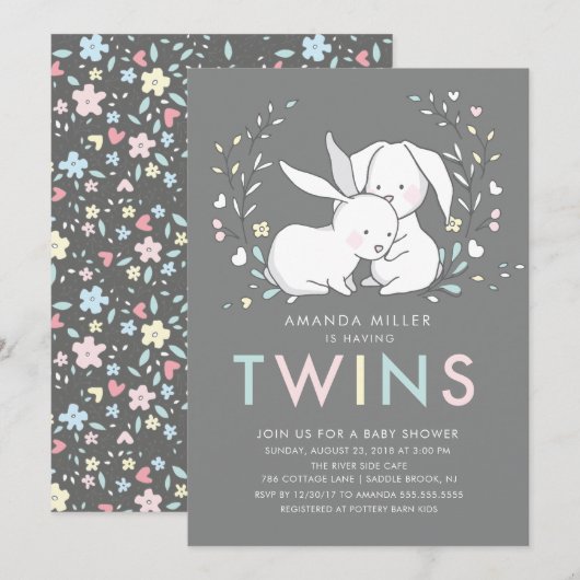 Bunny Love TWINS Baby shower Invitation (Devant / Derrière)