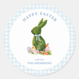 Bunny met Blauwe gingham grens Happy Easter Ronde Sticker