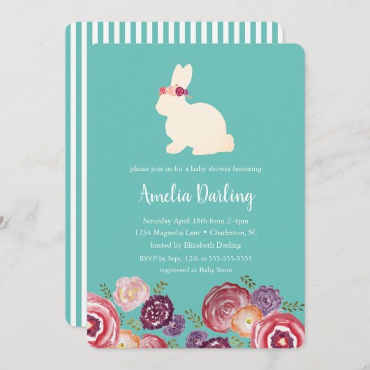 Bunny met Flowers Hoofdband Baby shower Invitation Kaart (Voorkant / Achterkant)