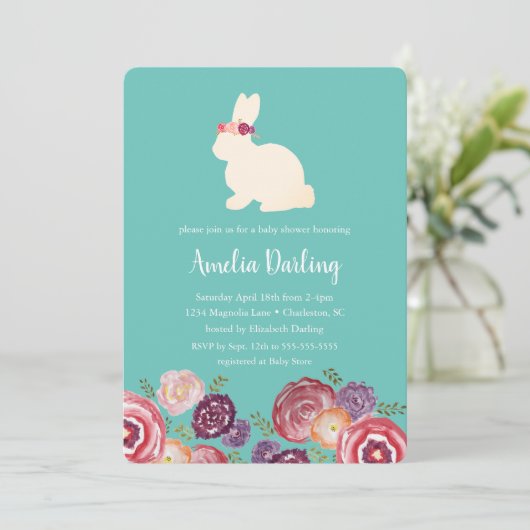 Bunny met Flowers Hoofdband Baby shower Invitation Kaart (Staand voorkant)