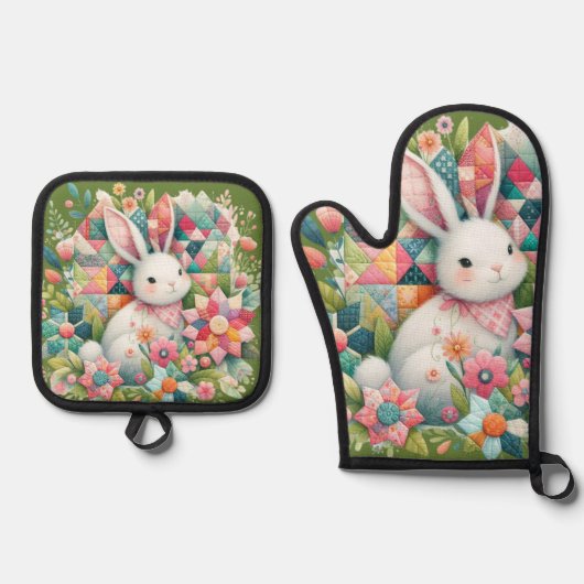 Bunny met Quilt en Bloemen Ovenwant & Pannenlap Set (Voorkant)