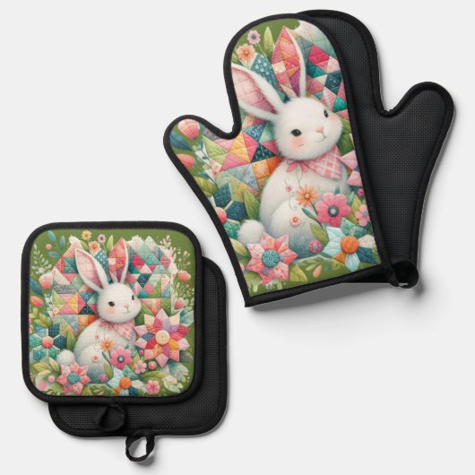 Bunny met Quilt en Bloemen Ovenwant & Pannenlap Set (Voorkant / Achterkant)
