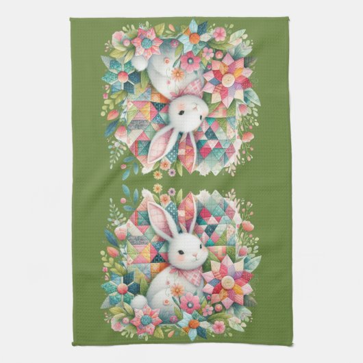 Bunny met Quilt en Bloemen Theedoek (Verticaal)
