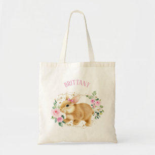 Bunny met roze en goudbloemen, aangepast paasen tote bag