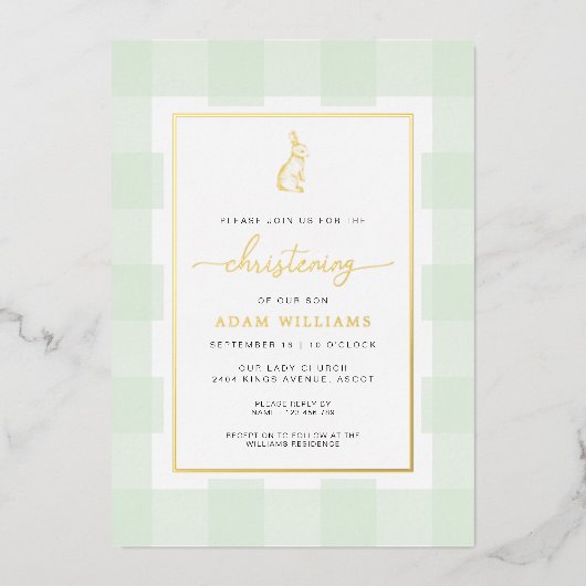 Bunny Mint En vichy Christening Foil Invitation (Recto)